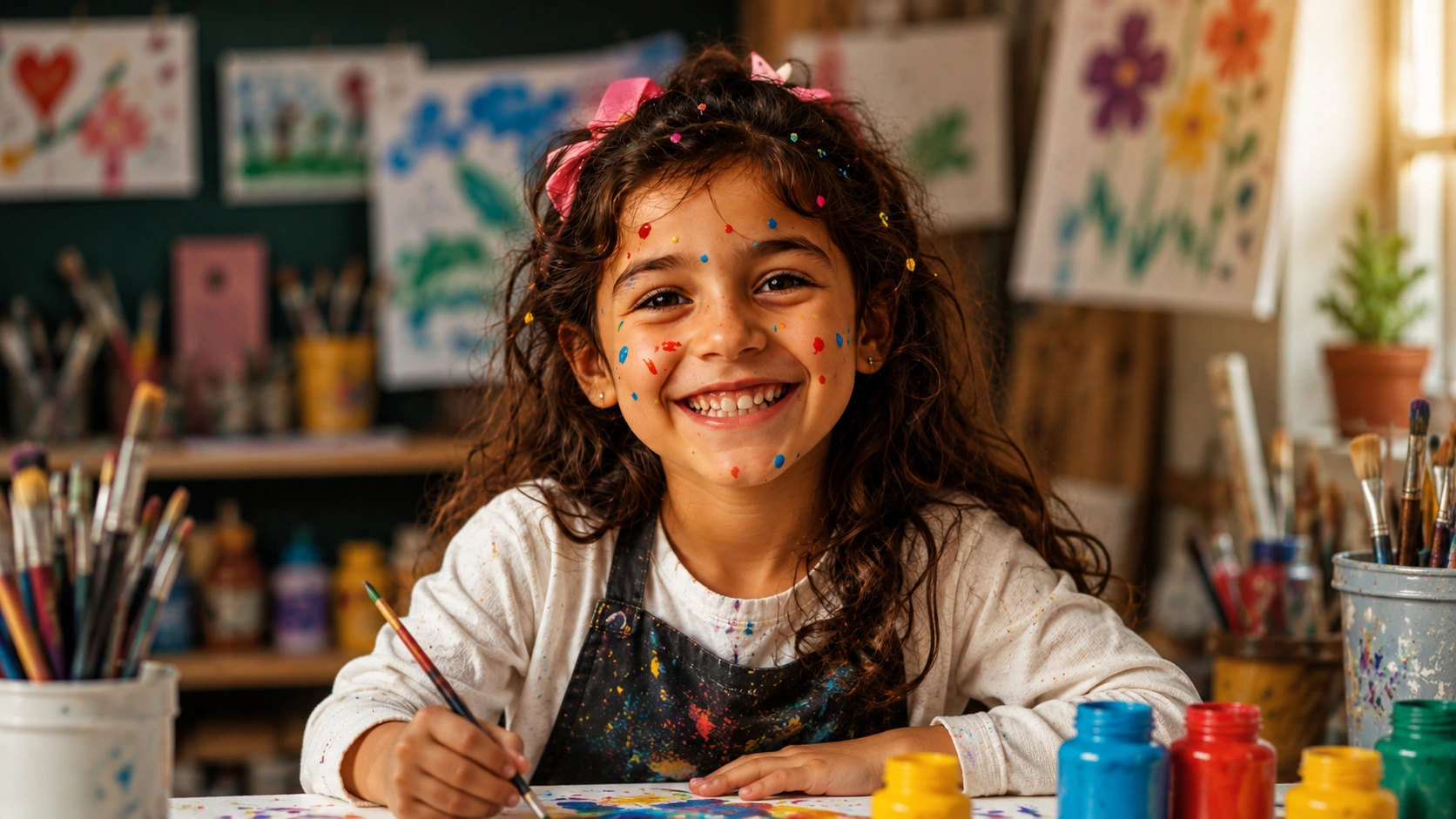 Menina sorrindo enquanto pinta, cercada de desenhos e tintas.