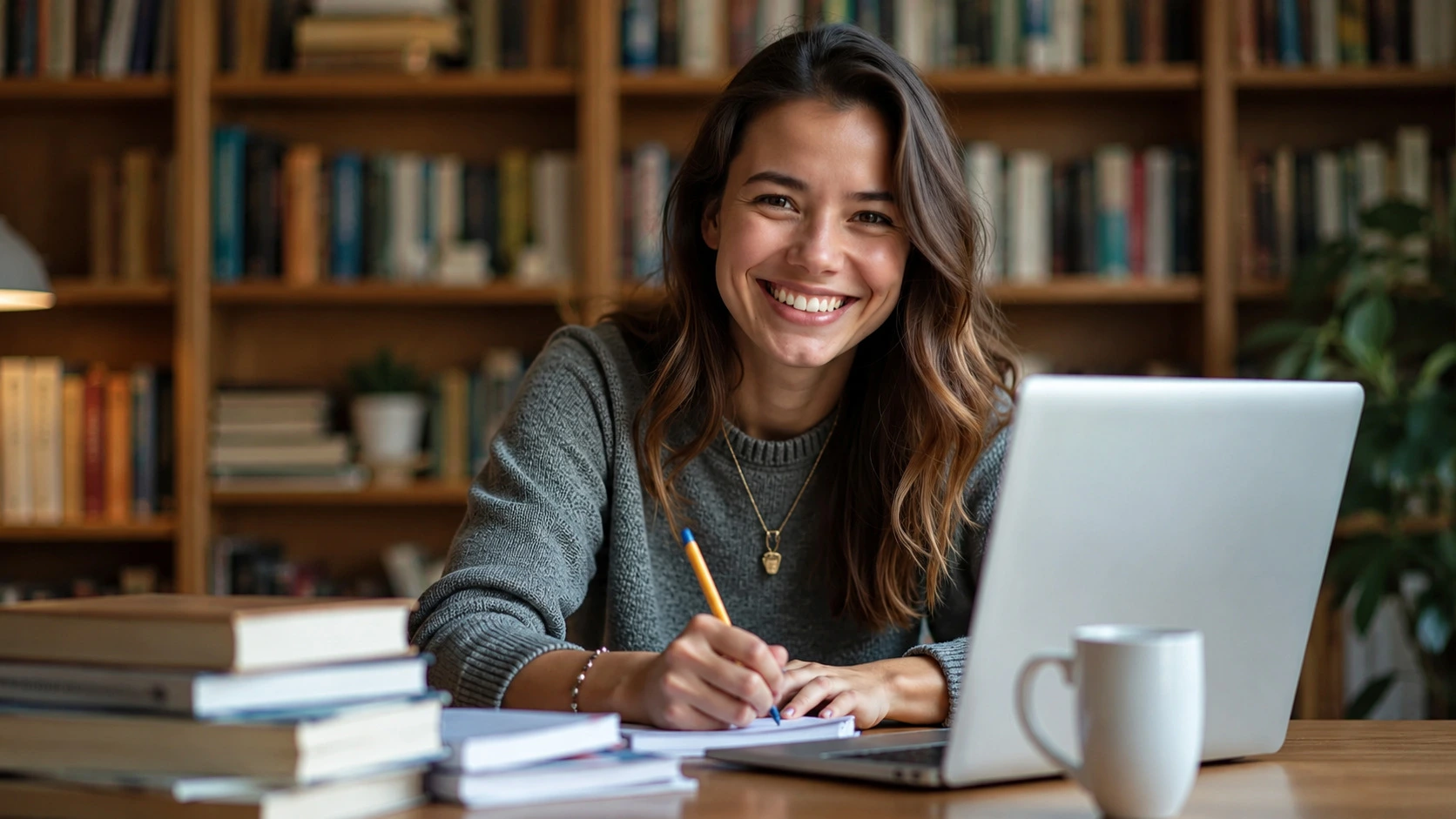 Aluna da EFEP estudando psicanálise da infância em casa, com livros e computador.