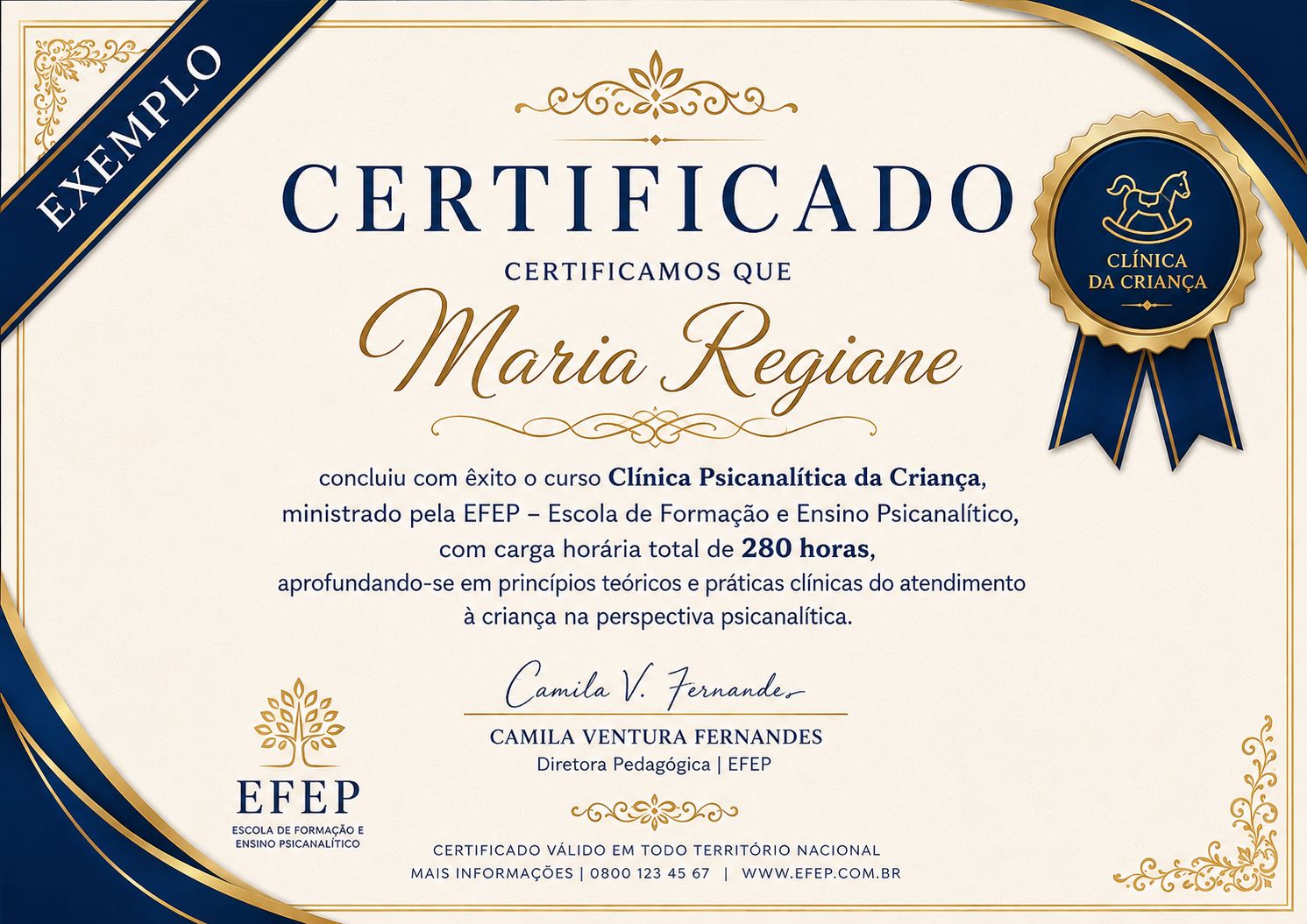 Modelo do certificado da EFEP — Formação Intensiva na Clínica Psicanalítica da Criança